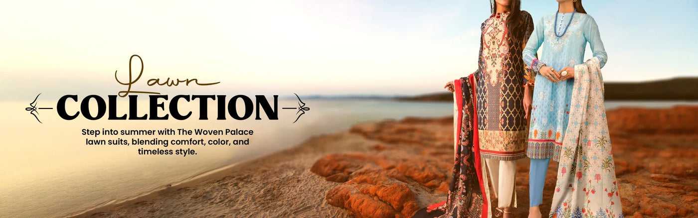 Two women stand on a rocky shoreline at sunset, showcasing vibrant lawn dress designs from The Woven Palace summer collection.