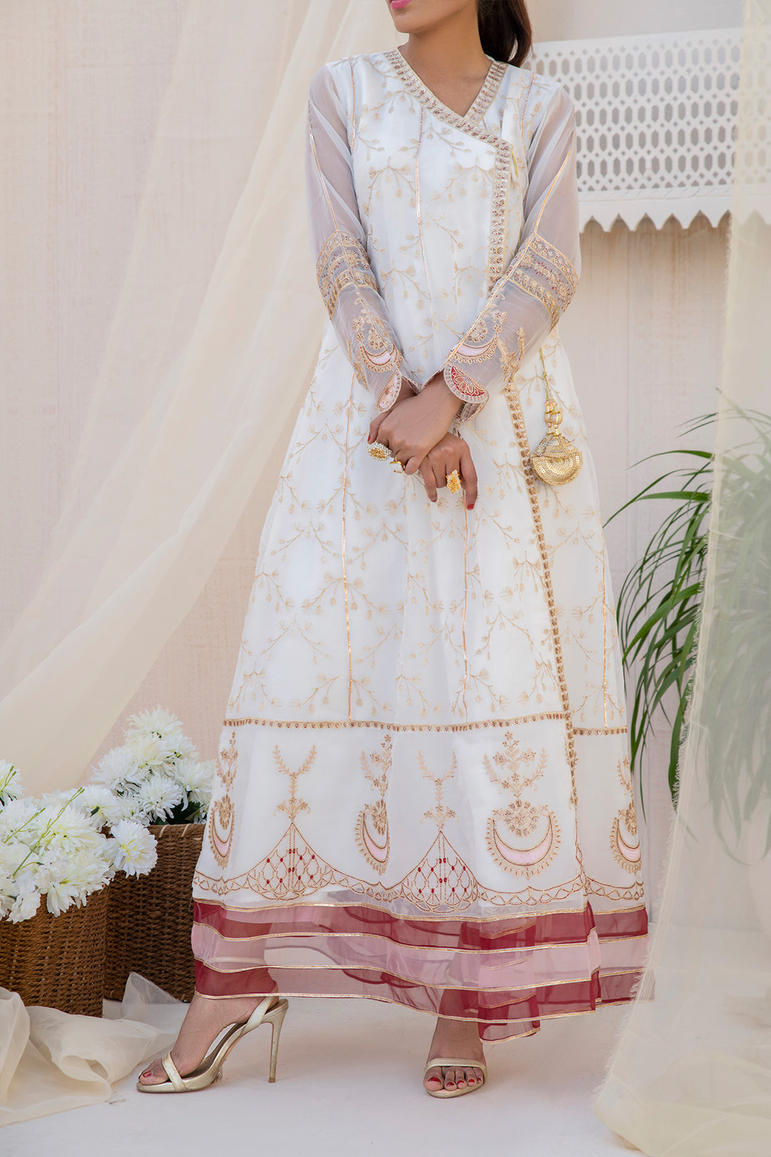 green emerald velvet dress White Pakistani Dress in Chiffon with Embroidery Online – Nameera by Farooq main image 0