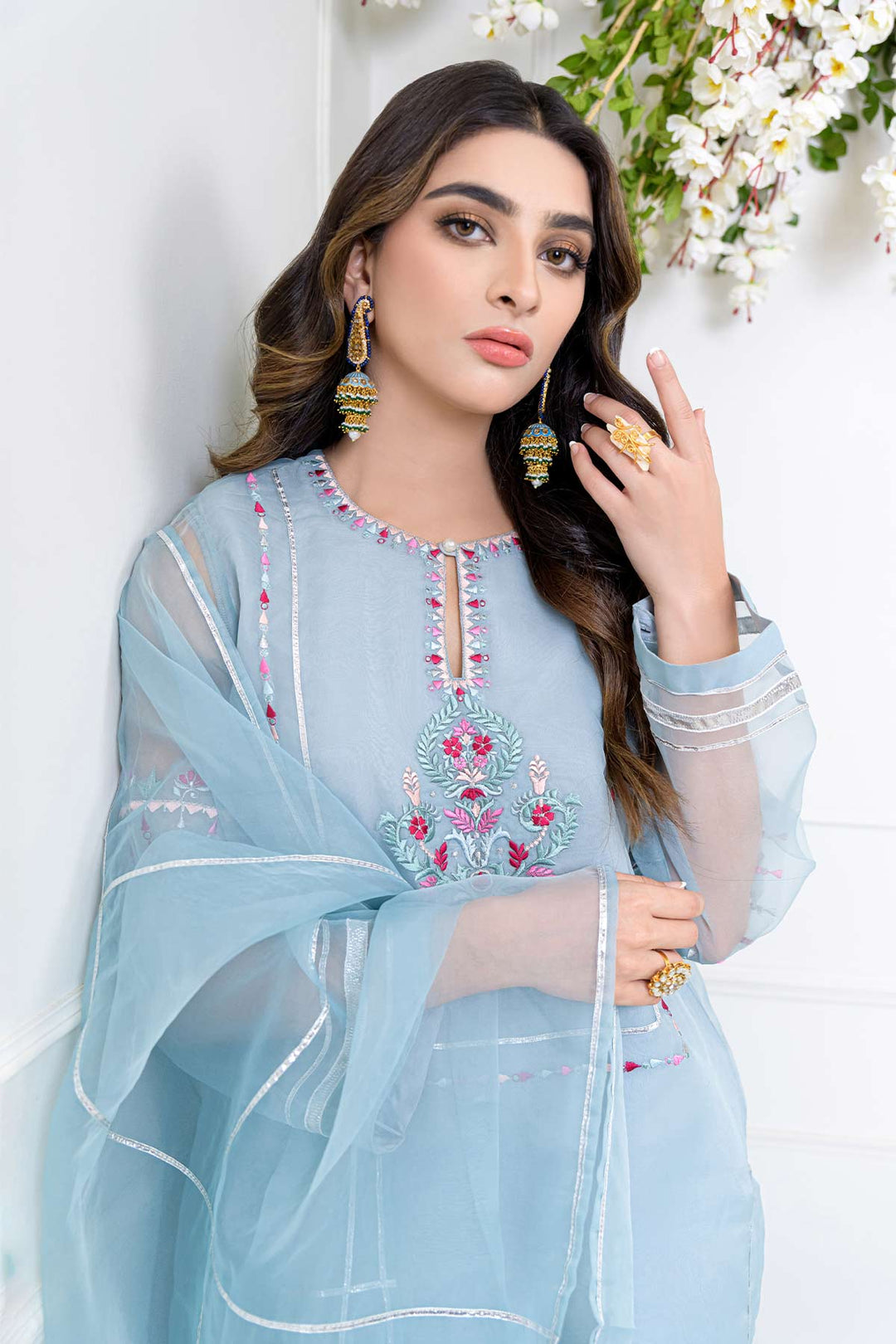 sachin and babi light blue dress Gown-Gown – Real Georgette Full Heavy Look Chikankari Embroidered Dresses  With Embroidered Dupatta main image 0